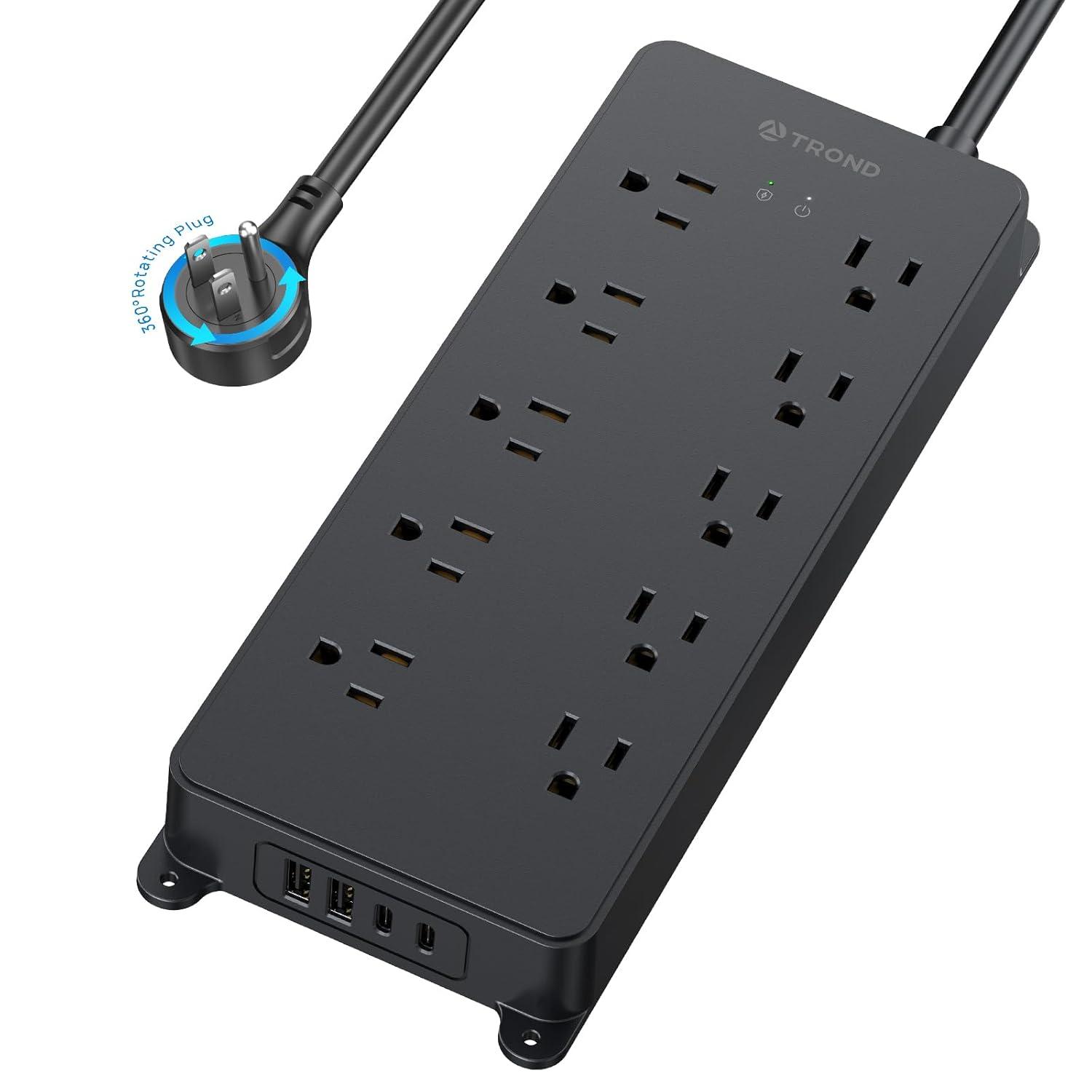 TROND Power Strip Surge Protector, 4000J, ETL Listed, 15A, 10 Widely Spaced Outlets with 4 USB Ports, Flat Plug 5ft Extension Cord, Wall Mountable, 14AWG Heavy Duty, for Home Office Garage, Black