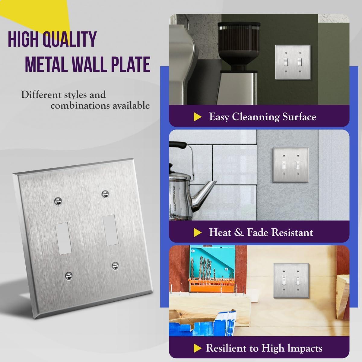 Enerlites 7712, Toggle 2 Gang Wall Plate, Stainless Steel