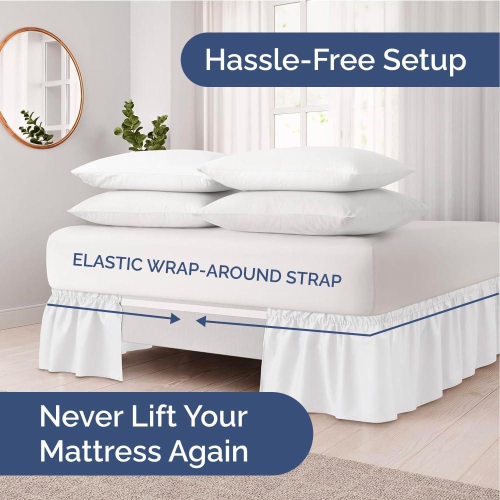CGK Linens Elastic Wrap-Around Dust Ruffled Bed Skirt - Easy Fit with Pleated 12" Drop in White, Size Queen