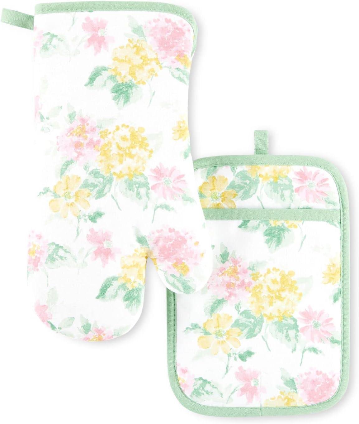 Pink and Yellow Floral Cotton Oven Mitt and Pot Holder Set