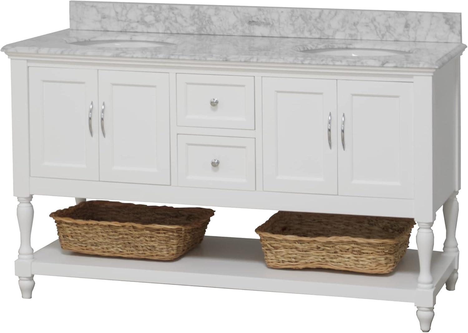 Kitchen Bath Collection Beverly 60-inch Double Bathroom Vanity (White/Carrara): Includes White Cabinet with Authentic Italian Carrara Marble Countertop and White Ceramic Sinks