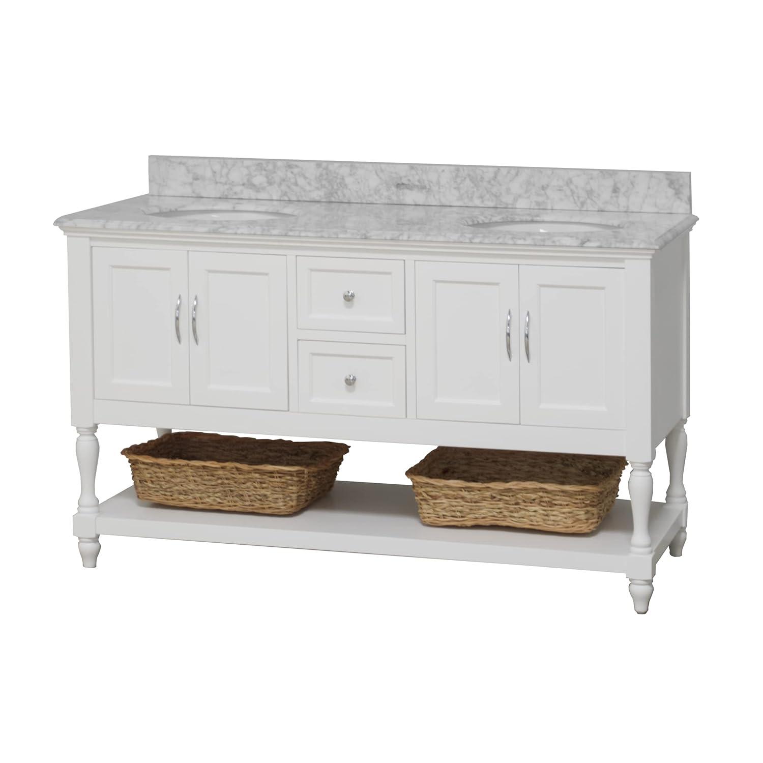 Kitchen Bath Collection Beverly 60-inch Double Bathroom Vanity (White/Carrara): Includes White Cabinet with Authentic Italian Carrara Marble Countertop and White Ceramic Sinks