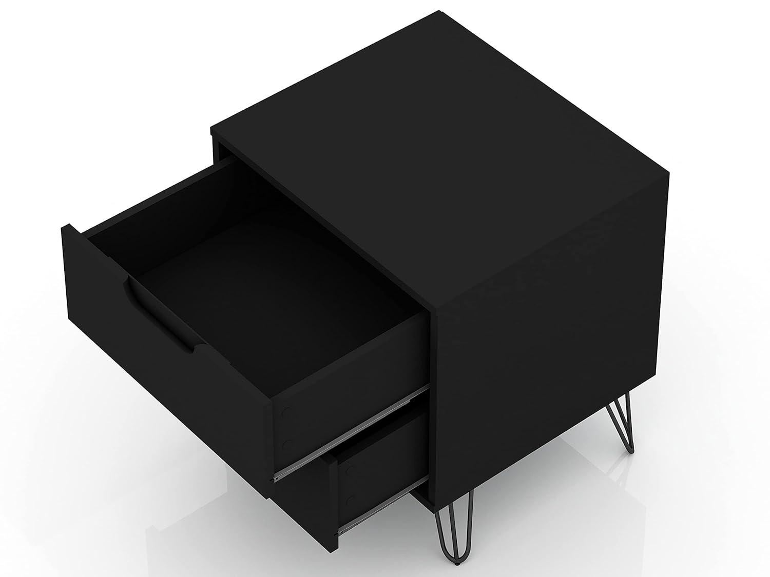 Set of 2 Rockefeller 2 Drawer Nightstands Black - Manhattan Comfort: Modern Bedside Storage Furniture