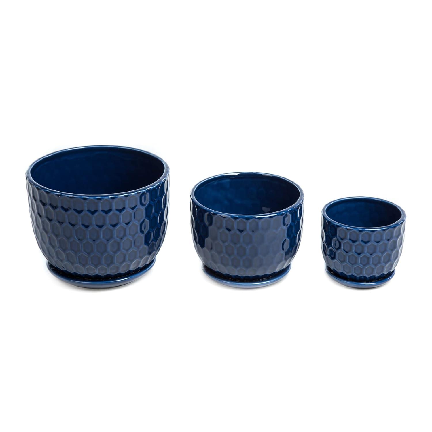 Ceramic Flower Pots with Drainage Hole and Saucer, North European Style Round Indoor Succulent Planters with Honeycomb Inspired Texture Design, Small to Medium-Sized, Set of 3, Navy Blue