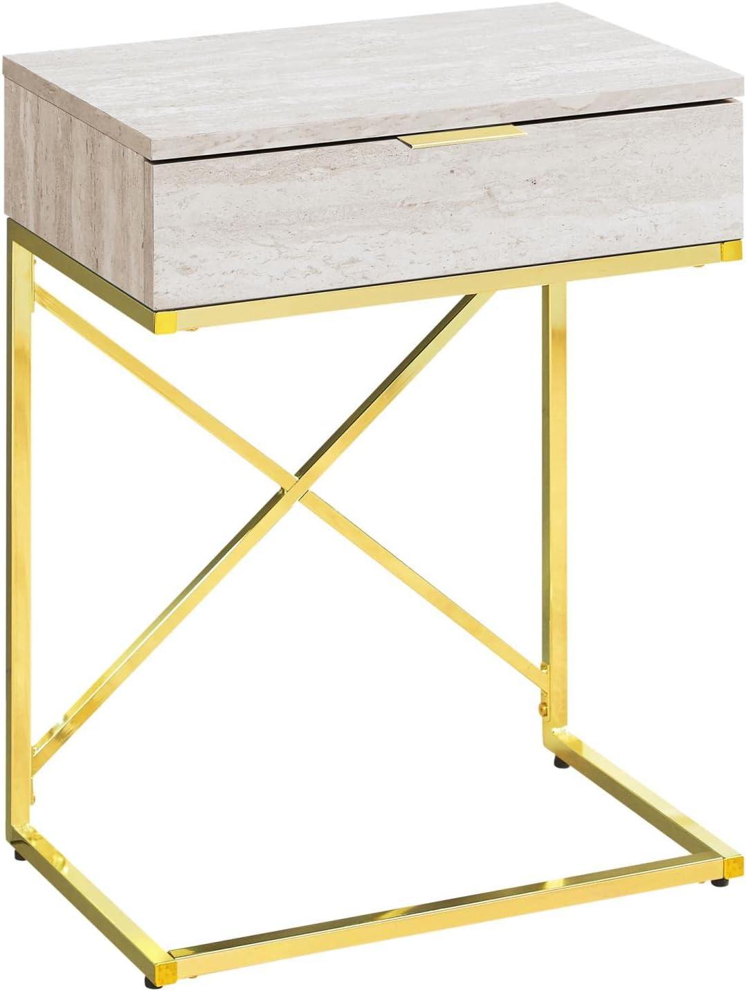 Monarch Specialties Accent Table Side End Nightstand Lamp Storage Drawer Living Room Bedroom Metal Laminate Beige Marble Look Gold Contemporary Modern