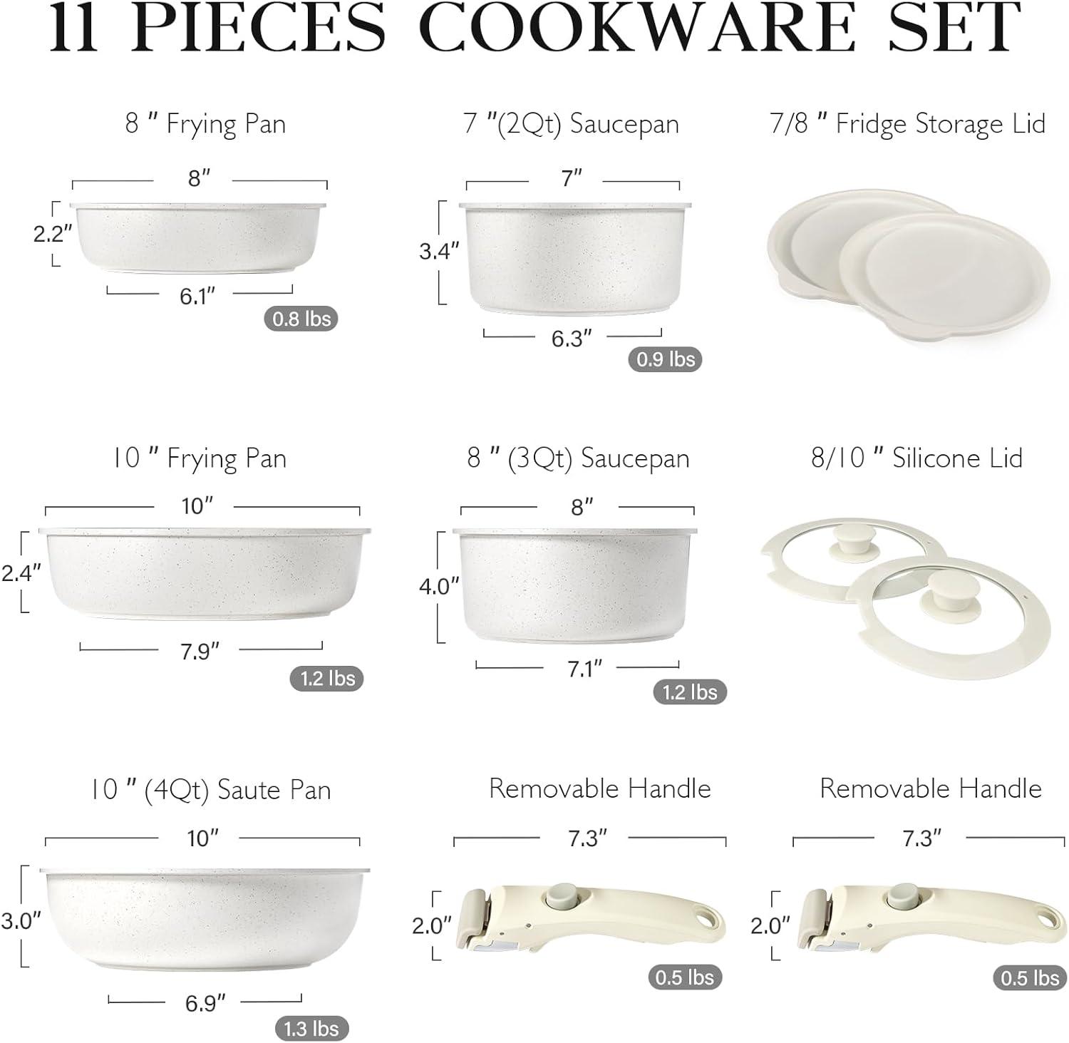 Carote Nonstick Cookware Sets, 11 Pcs Non Stick Pots and Pans Set with Removable Handle, White