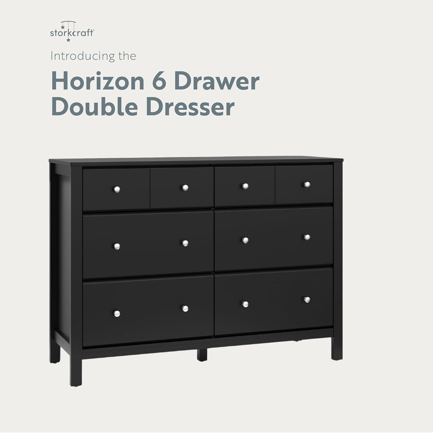 Storkcraft Horizon 6 Drawer Nursery Double Dresser, Black