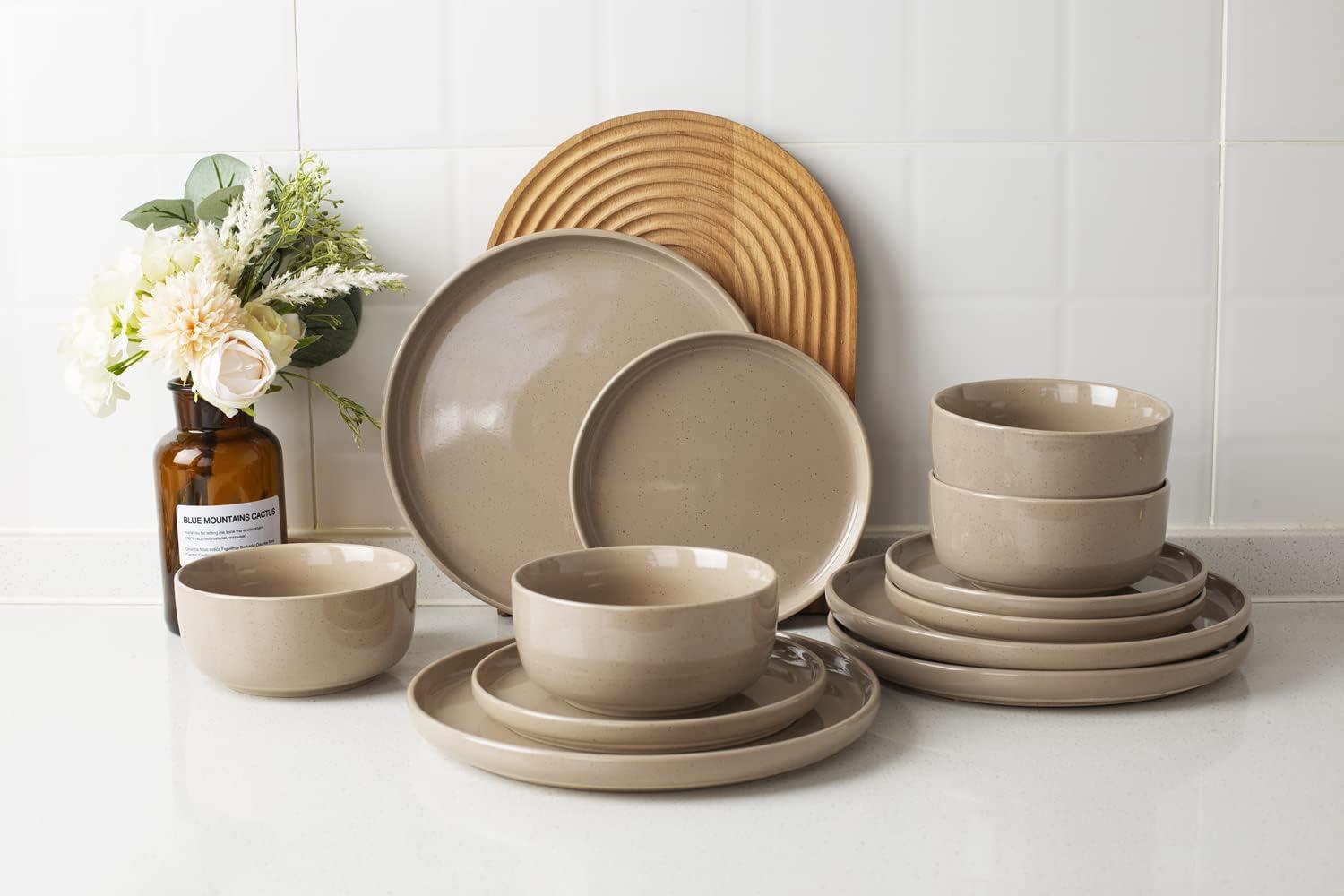 Famiware Plates and Bowls Set, 12 Piece Stoneware Dinnerware Sets, Brown