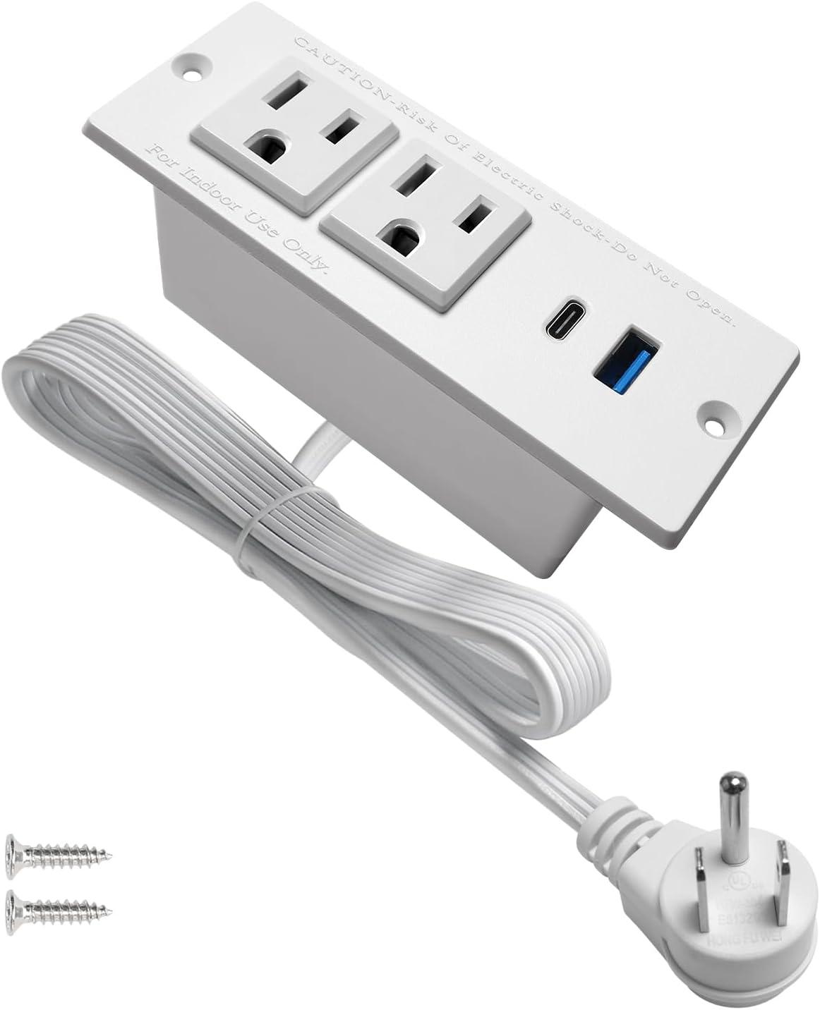 White Recessed Mountable Power Strip with USB C and USB A Ports