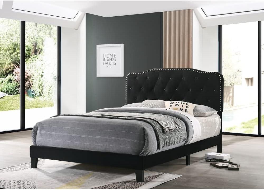 Black Velvet Full Bed with Tufted Upholstered Headboard