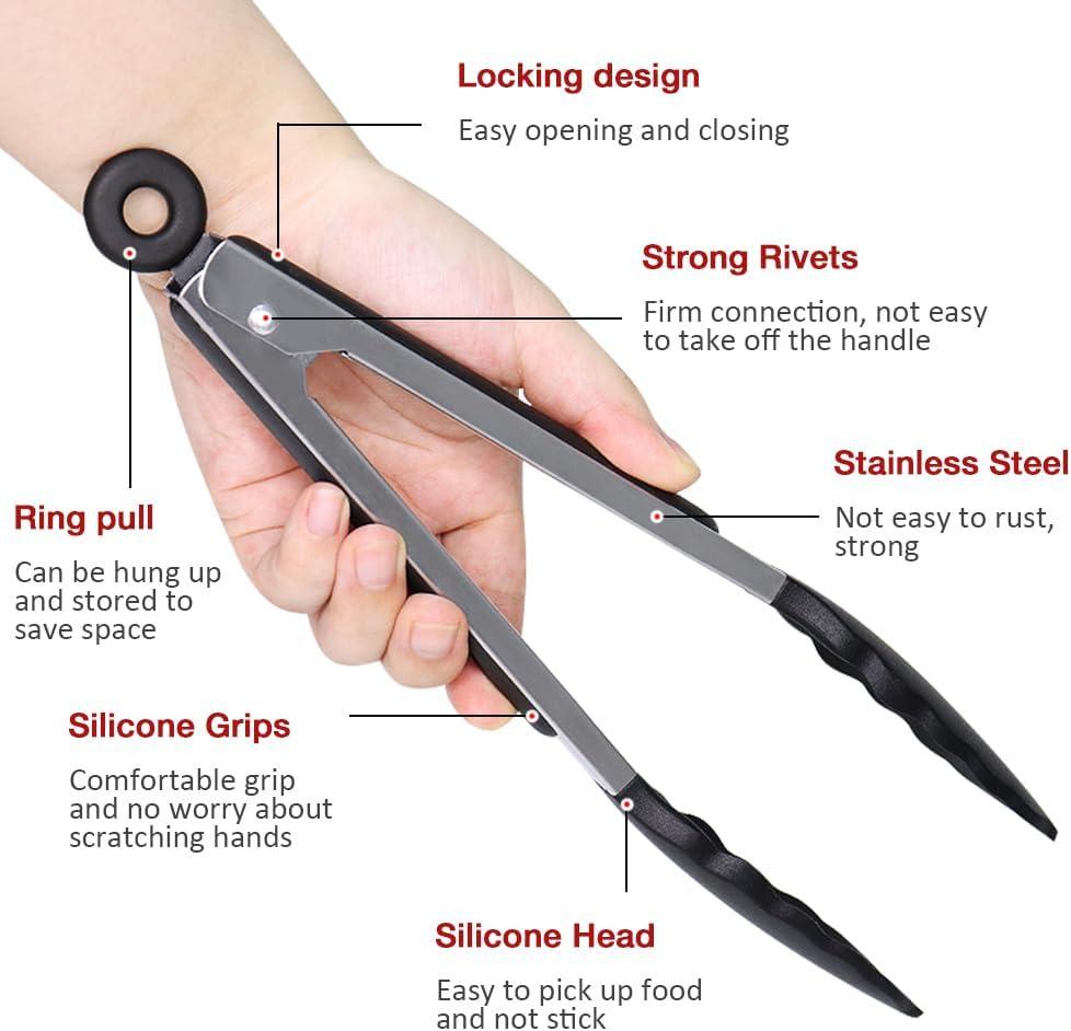 9 Inch Small Kitchen Tongs Set of 3, Silicone Cooking Tongs with Silicone Tips and Stainless Steel Handle, Tongs for Cooking, Serving