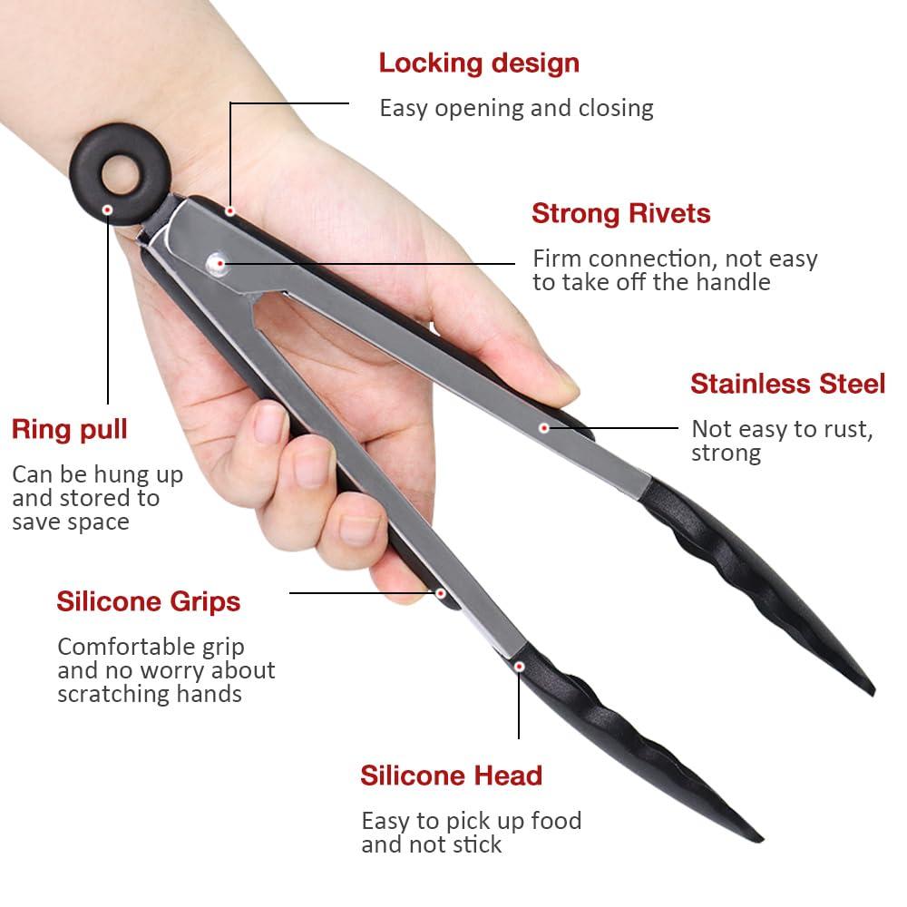 9 Inch Small Kitchen Tongs Set of 3, Silicone Cooking Tongs with Silicone Tips and Stainless Steel Handle, Tongs for Cooking, Serving