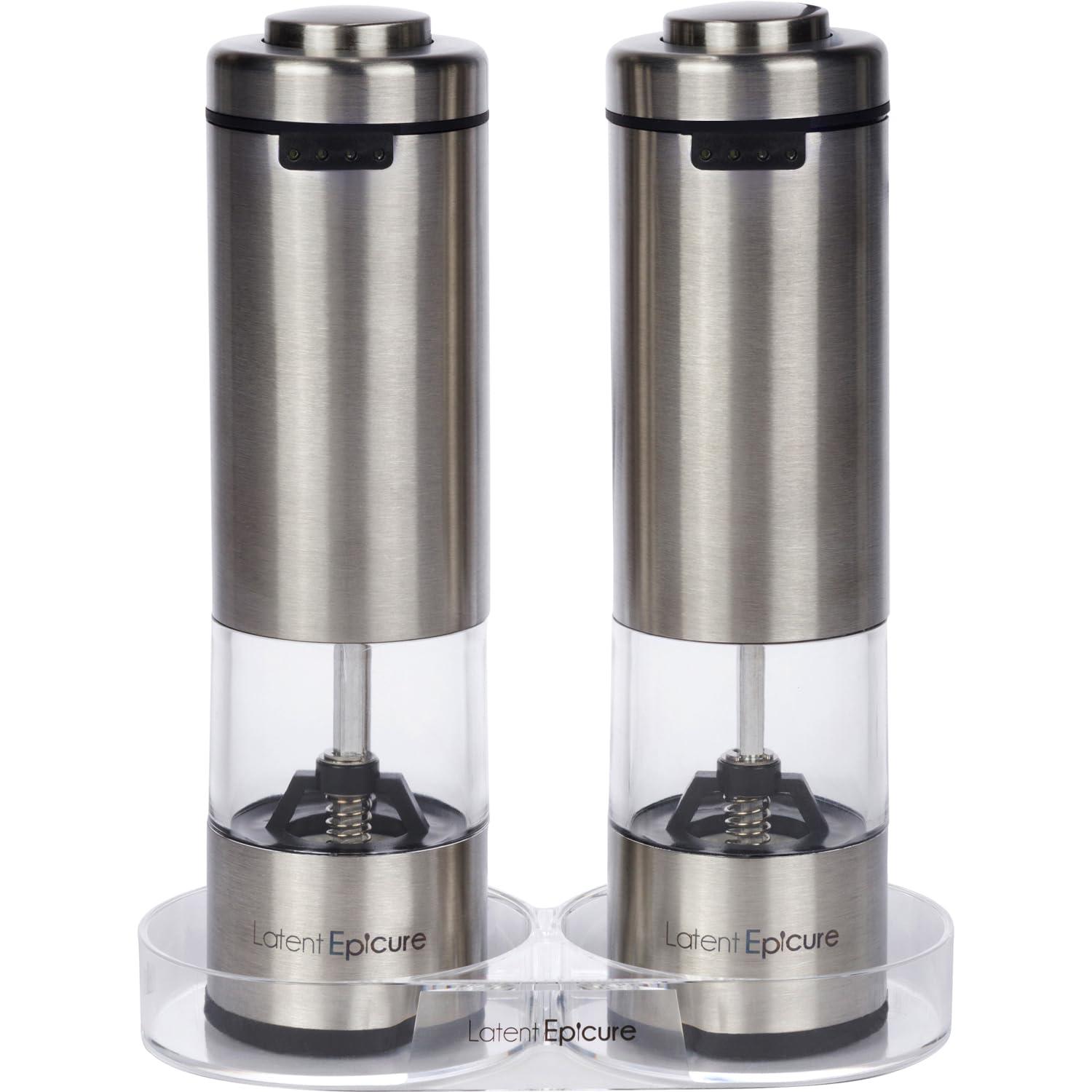 Electric Salt and Pepper Grinder Set - Battery Operated, Stainless Steel Shakers with Adjustable Fine & Coarseness, One Handed Operation, LED Light & Complimentary Mill Rest Tray