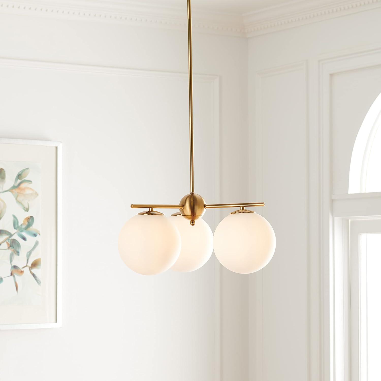 Cantrys Mid-Century Modern Gold and White Glass Orb Chandelier