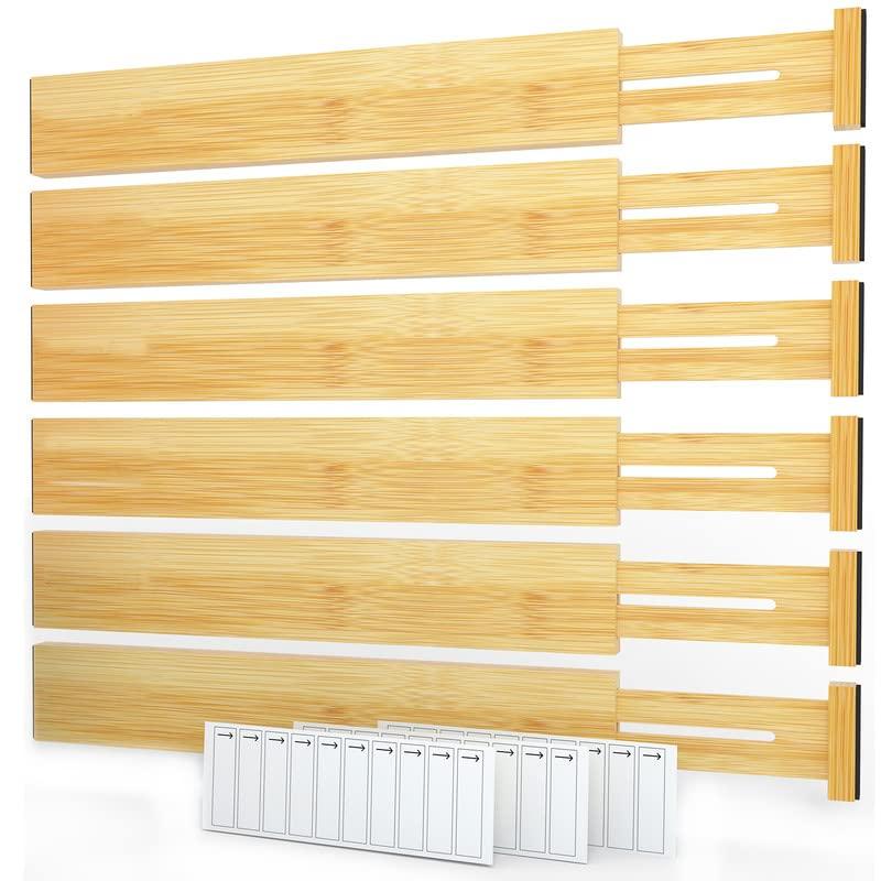 SpaceAid Adjustable Bamboo Drawer Dividers with Labels – Expandable Organizers for Kitchen, Office, Dresser, and Bathroom