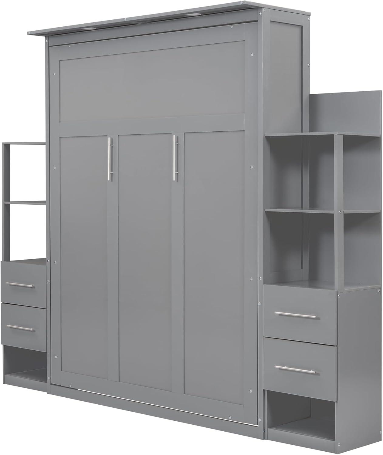 Gray Queen Size Murphy Bed with Shelves and Drawers