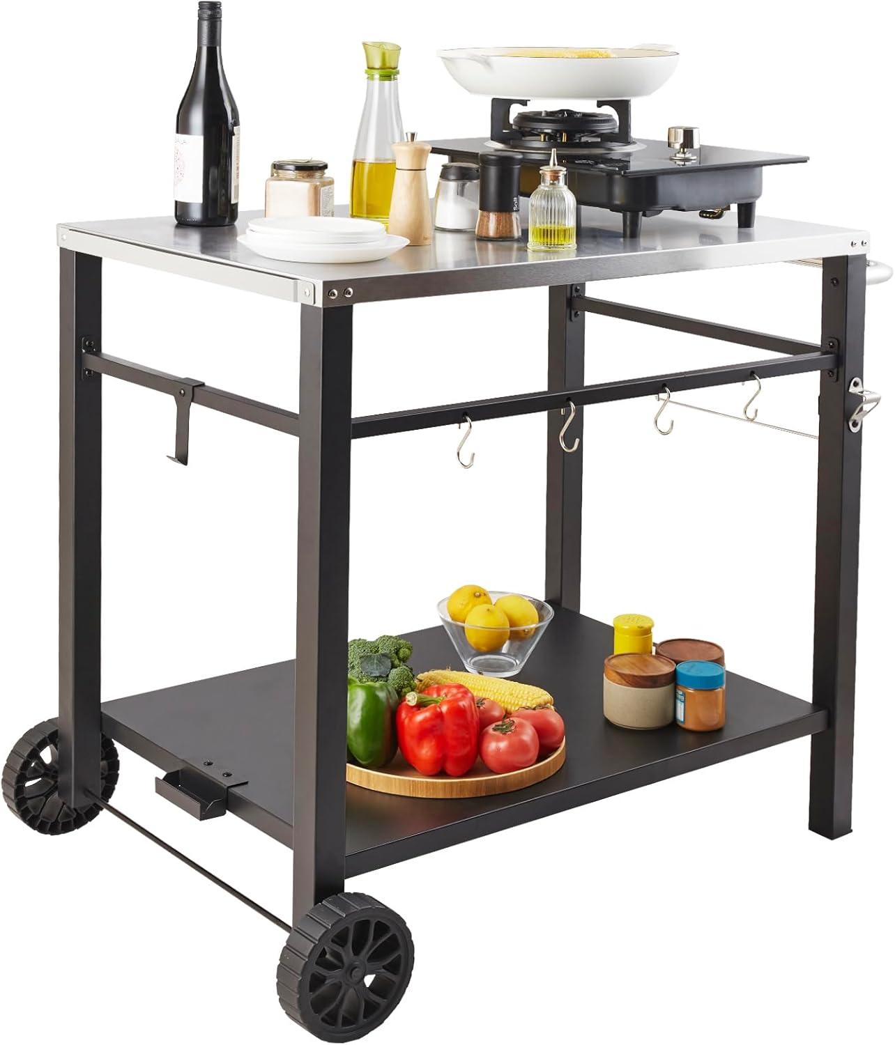 Outdoor Grill Dining Cart with Double-Shelf, BBQ Movable Food Prep Table, Multifunctional Iron Table Top, Portable Modular Carts for Pizza Oven, Worktable with 2 Wheels, Carry Handle, Black