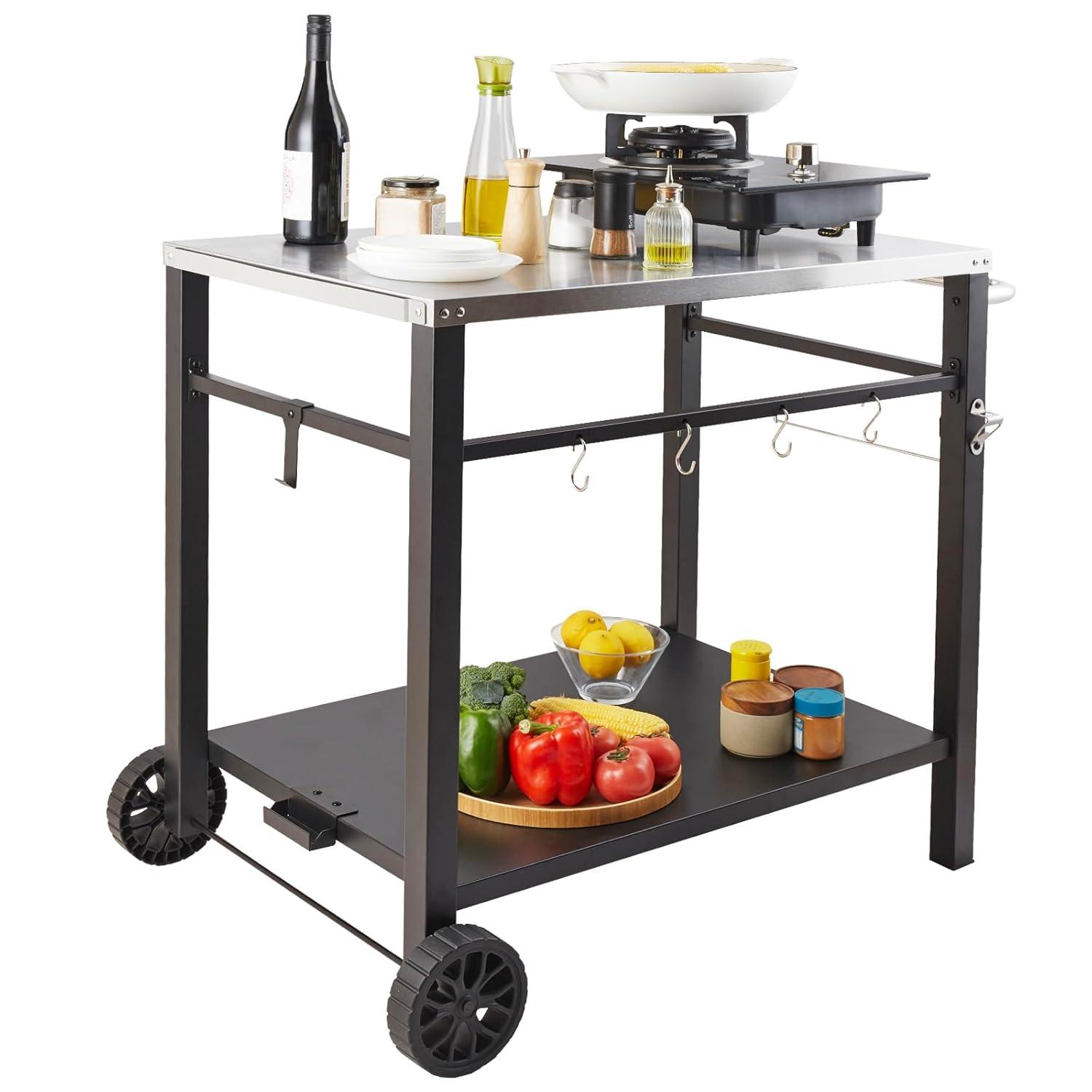 VEVOR Outdoor Grill Dining Cart with Double-Shelf, BBQ Movable Food Prep Table, Multifunctional Foldable Iron Table Top, Portable Modular Carts
