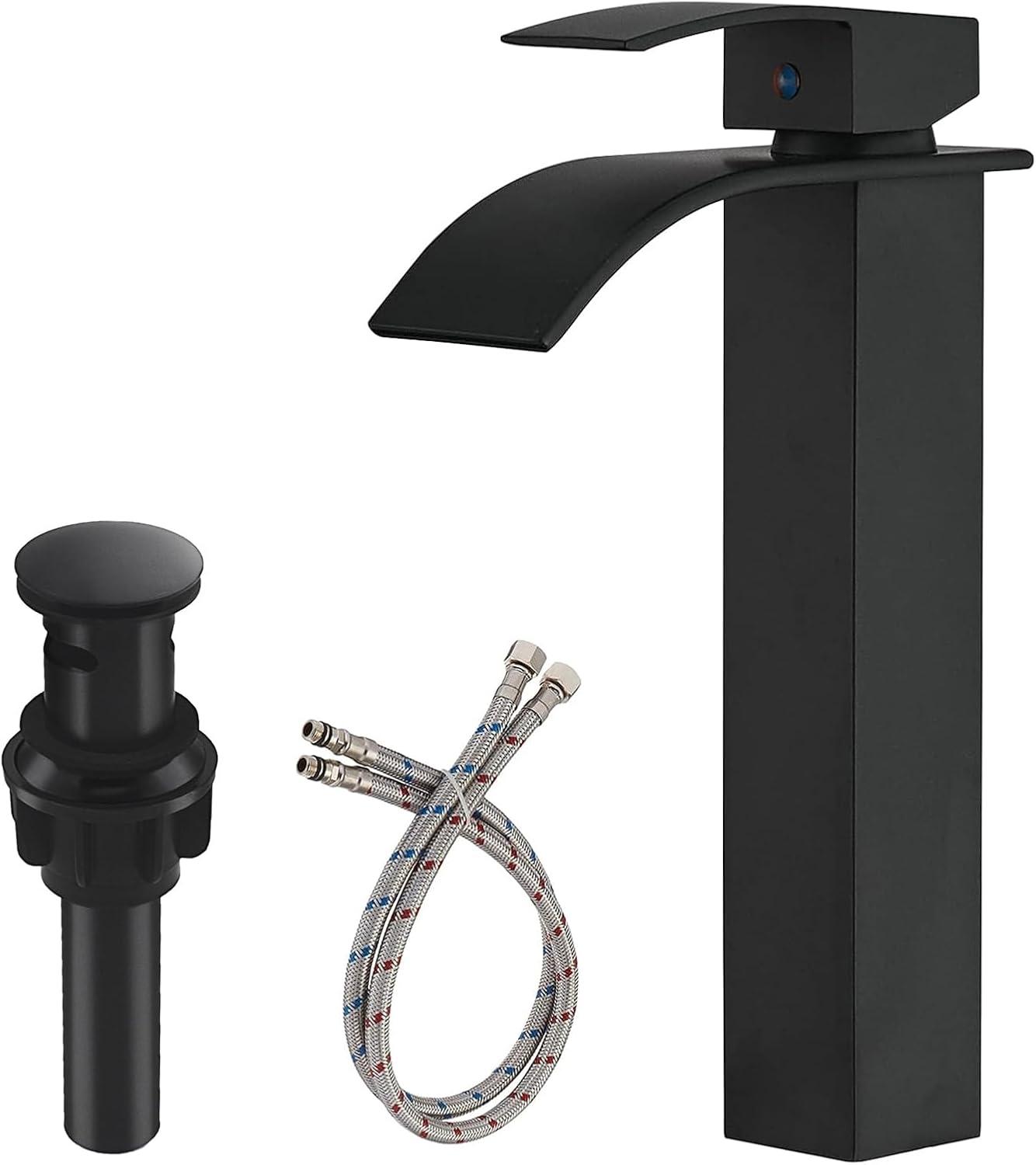 Waterfall Bathroom Faucet Single Handle，Bathroom Sink Faucet 1 Hole，Waterfall Faucet for Bathroom Sink，Vessel Sink Faucet Matte Black Tall Bathroom Faucet