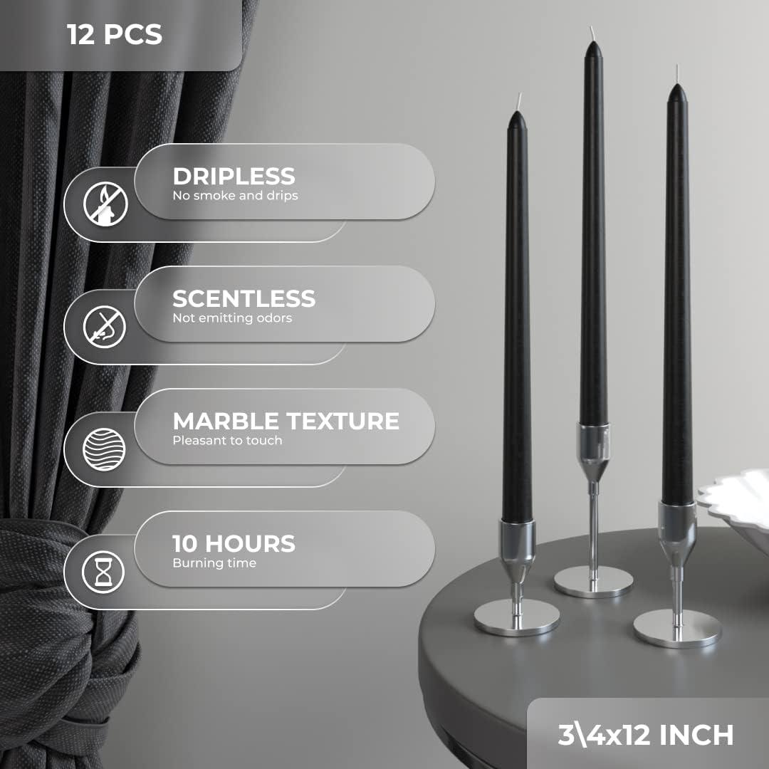 12" Black Dripless Taper Candles Set of 12