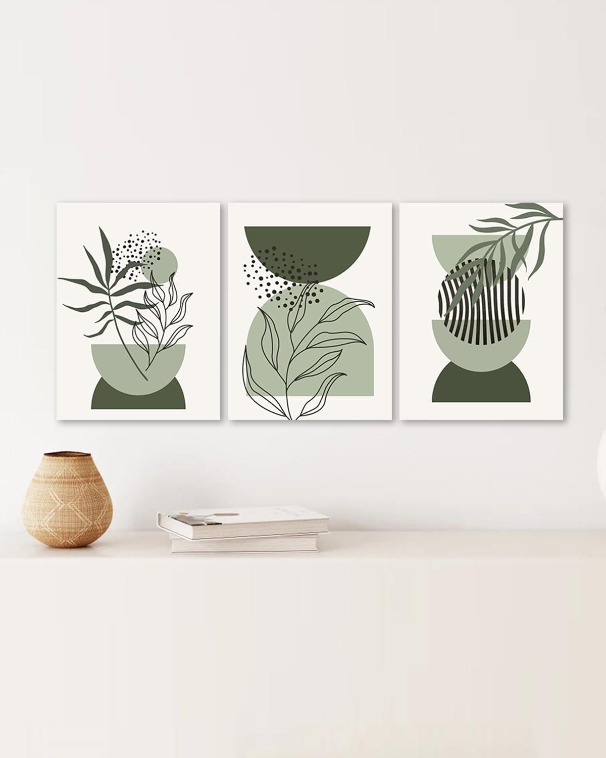 Sage Green Boho Wall Art Set of 3, Minimalist Framed Wall Art Geometric Line Leaf Sun Moon Beige Green Canvas Artwork Paintings, Abstract Botanical Boho Room Decor, Sage Green Wall Posters 12"x16"