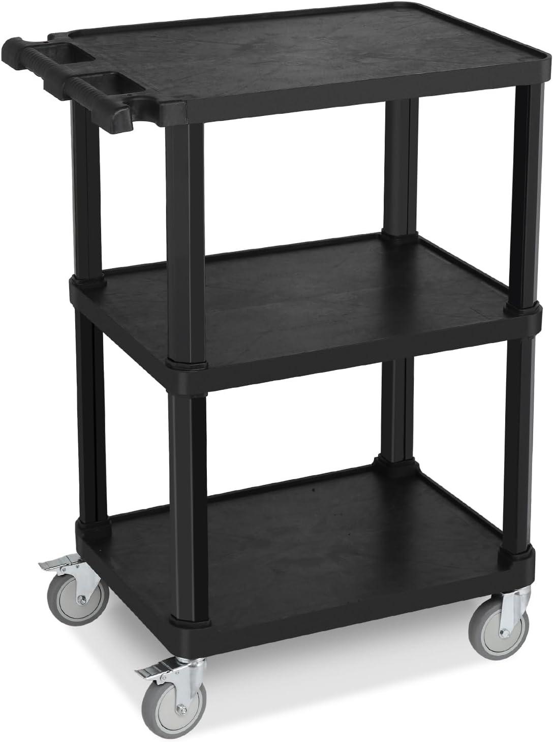 Black 3-Tier HDPE Utility Cart with Lockable Wheels