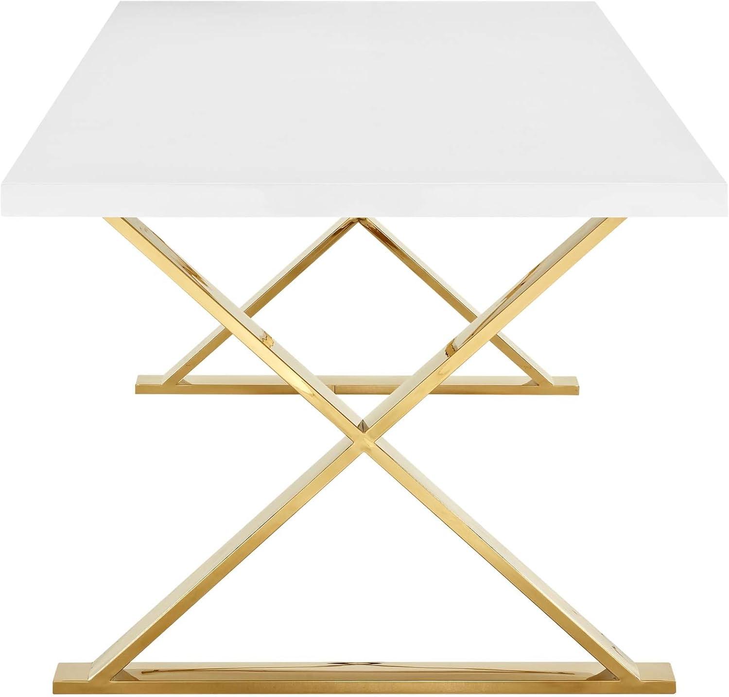 Contemporary White Gold 86.5" Fiberboard Dining Table with Gold X-Base