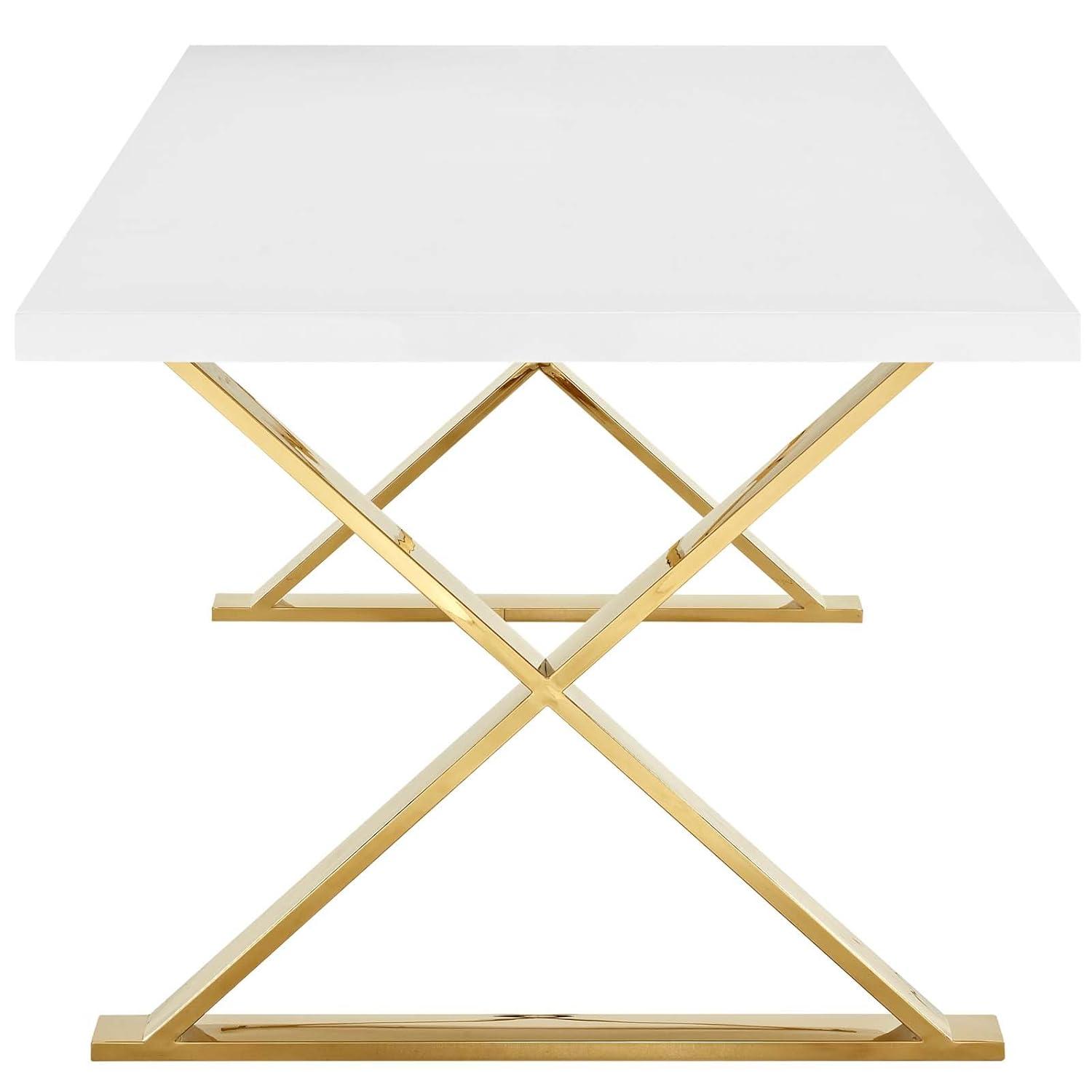Modway Sector 87" Wood & Stainless Steel Cross Base Dining Table in White/Gold