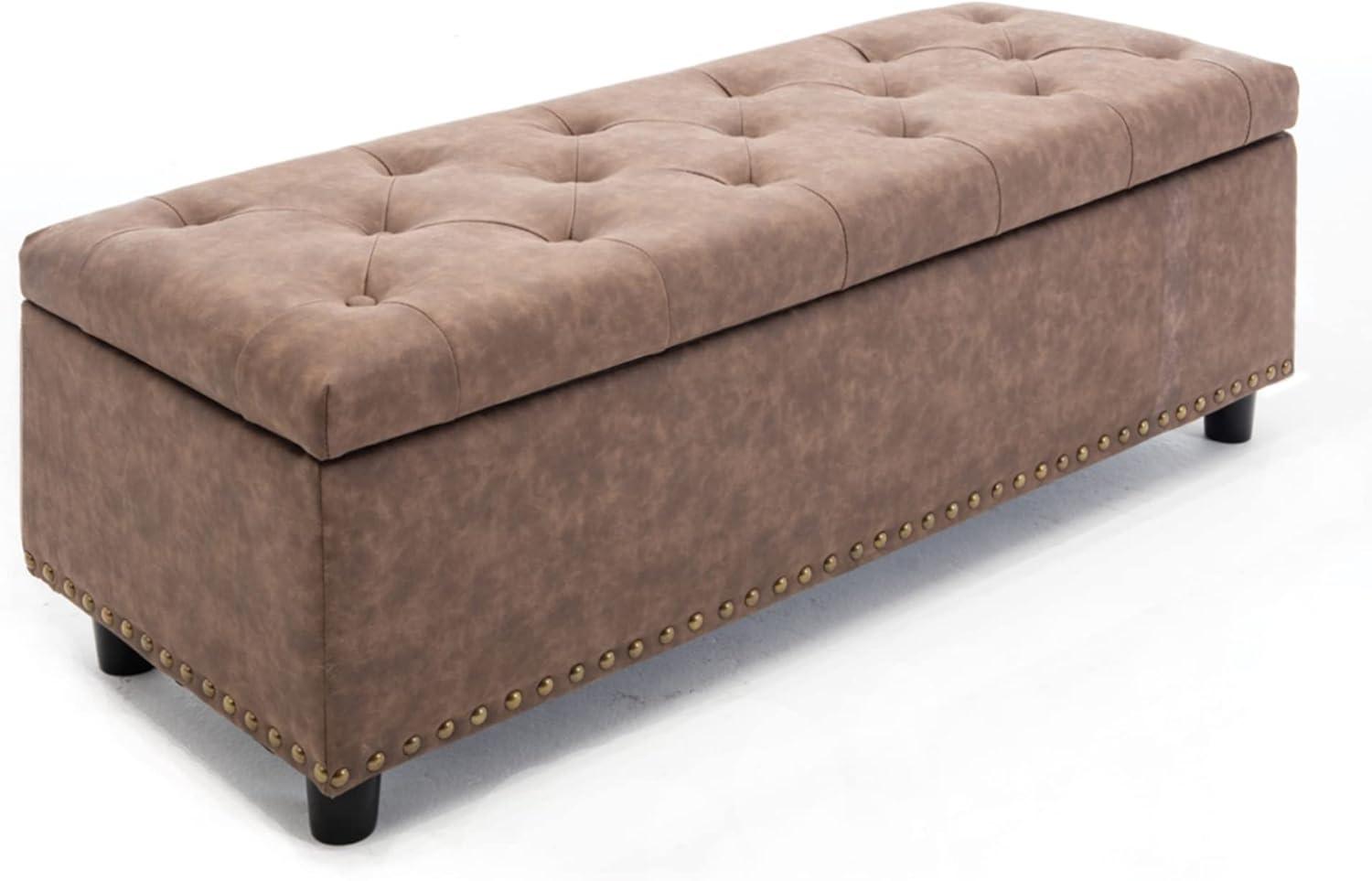 BELLEZE Button-Tufted Faux Leather Storage Ottoman Bench - Brentwood (Rustic Brown)