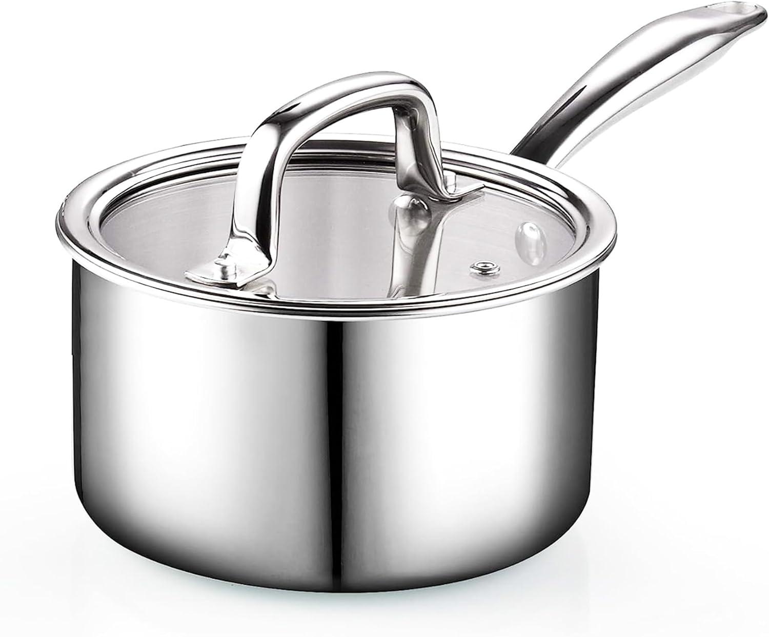 Cook N Home Stainless Steel Saucepan 1.5 Quart, Tri-Ply Full Clad Sauce Pan with Glass Lid, Silver