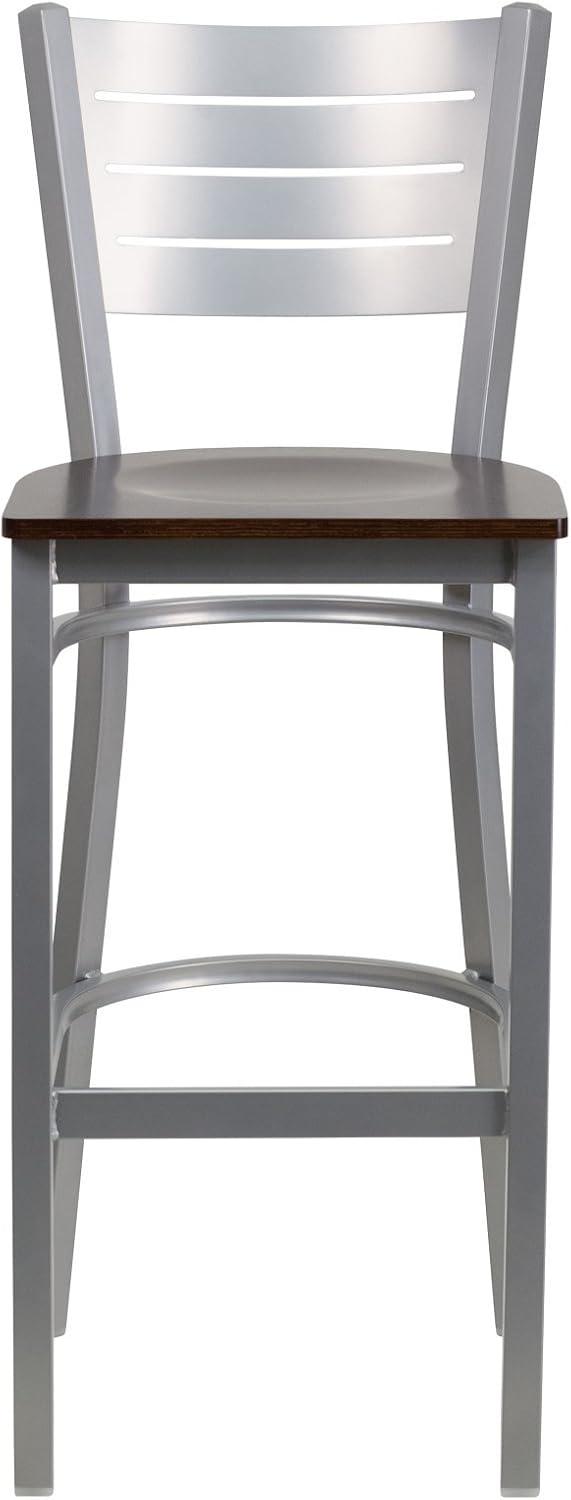 Sleek Silver Metal and Mahogany Wood Slat Back Barstool