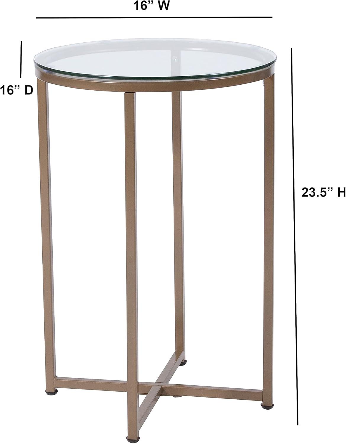 Elegant Round Glass Top End Table with Brushed Gold Crisscross Base