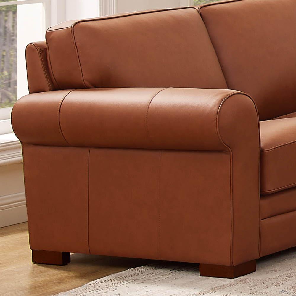 Cinnamon Brown Tufted Leather Loveseat with Wood Feet