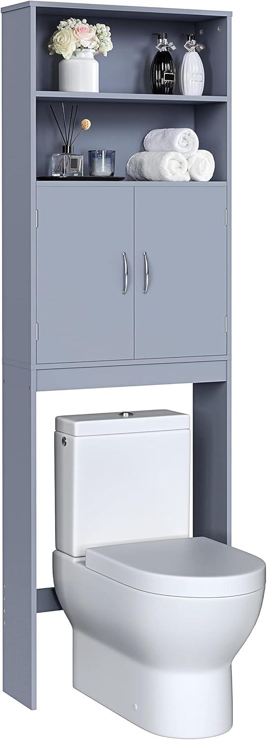 Over The Toilet Storage, Taller Bathroom Organizer with Adjustable Shelves, Space-Saving Storage Cabinet with Double Doors, 77 in H, Grey