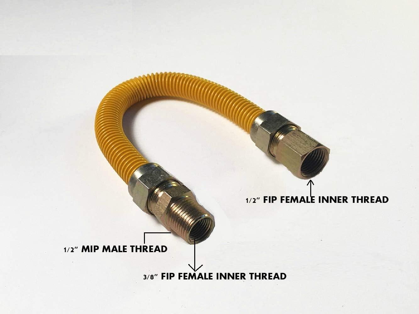 EZ-Fluid 48" Corrugated Stainless Steel Yellow Epoxy Coated Gas Flexible Supply Connector Line For Appliance,Water Heater,Boilers,Fryers,Stoves with 3/8" FIP or 1/2" MIP x 1/2" FIP (1)