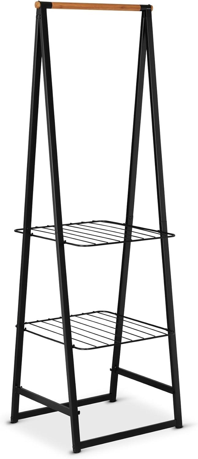 Black Steel and Bamboo Freestanding Garment Rack with Adjustable Shelves