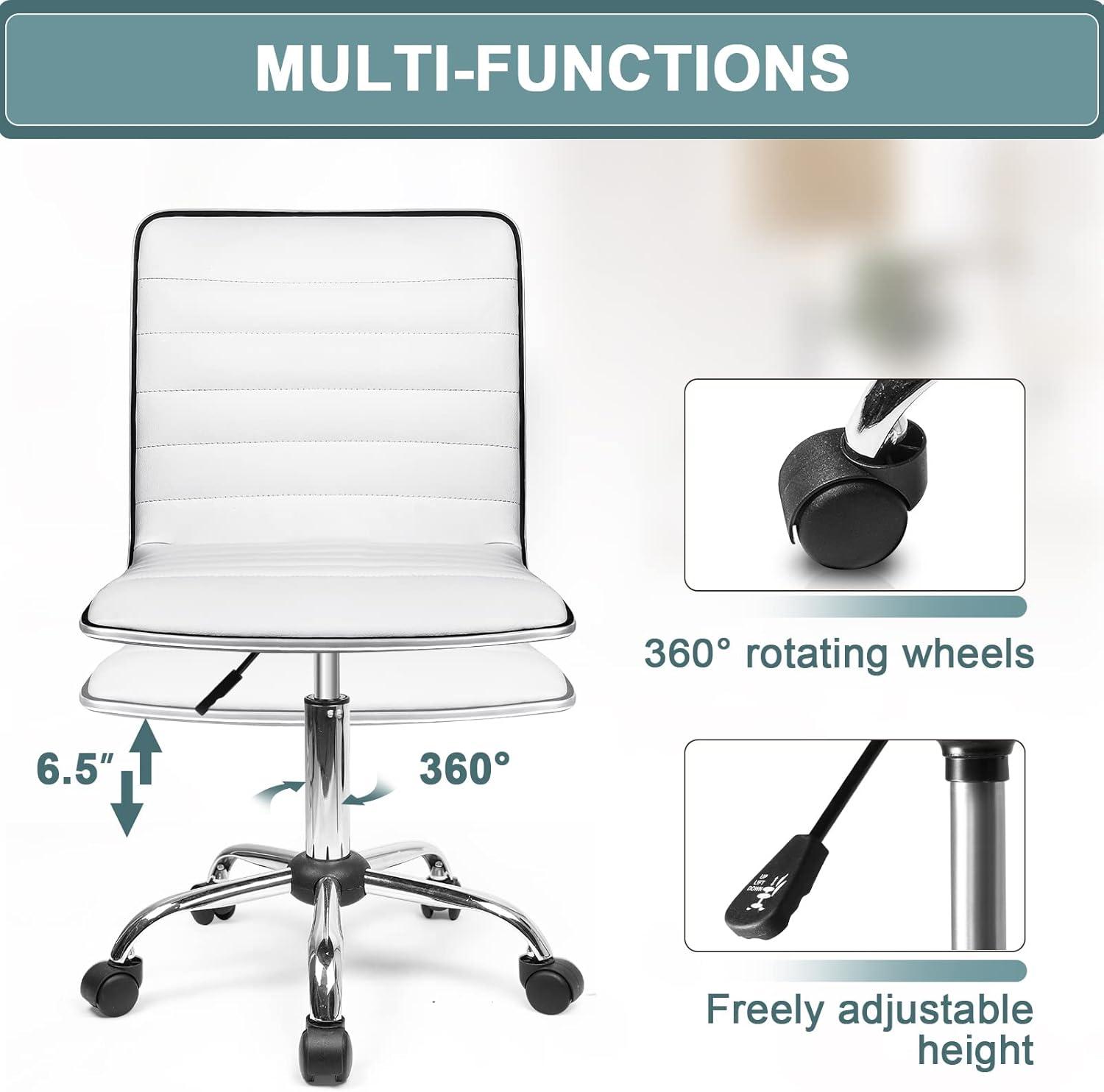 BOSSIN Adjustable Home Office Chair, Mid-Back Armless Ribbed Swivel Task Chair,Vanity Chair for Small Space, Living Room, Make-up, Studying (White)