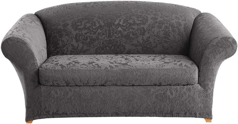 Gray Stretch Jacquard Damask Loveseat Slipcover