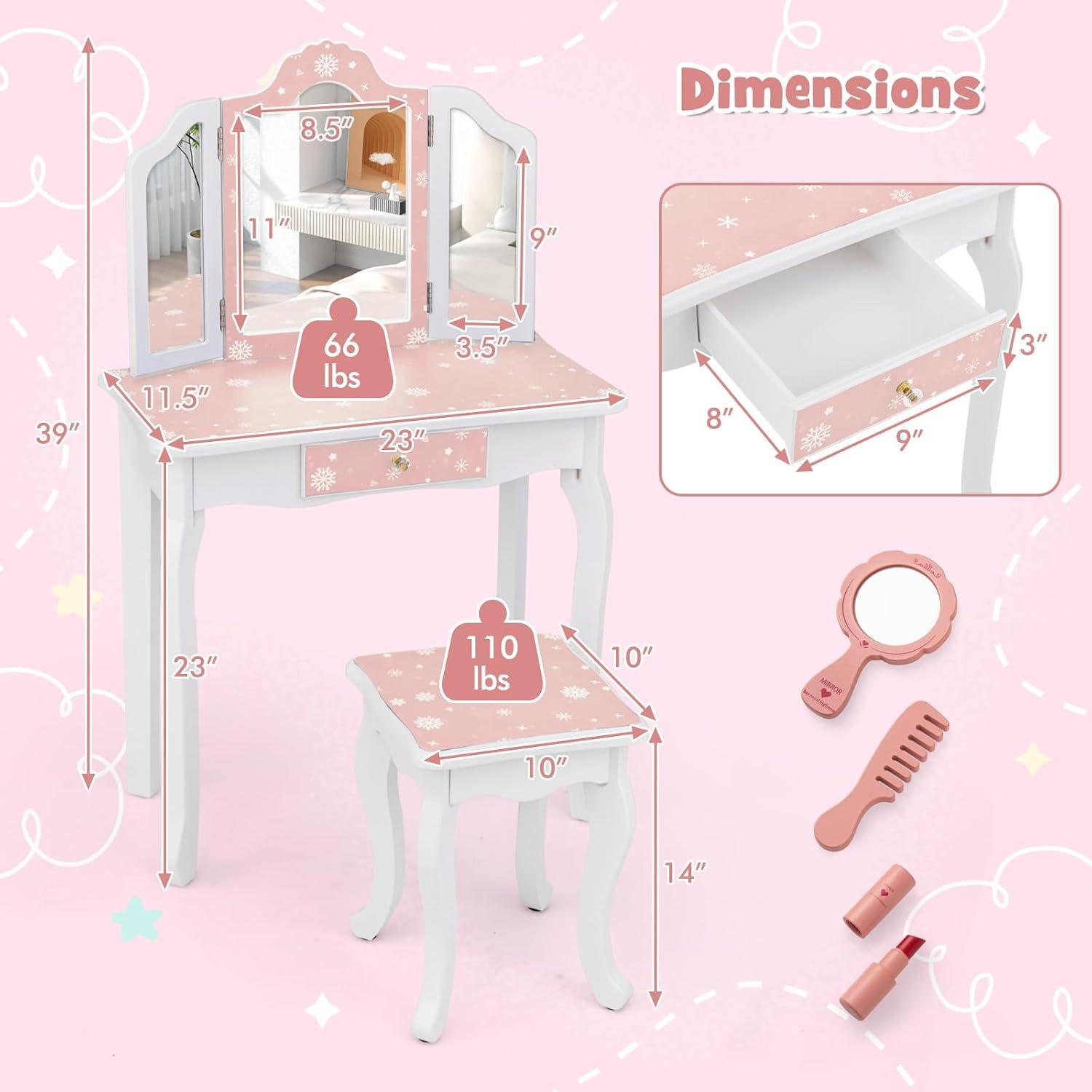 GVN Vanity Set,Toddler Vanity Set, Princess Pretend Play Makeup Table and Stool Set with Tri-folding Mirror-Pink