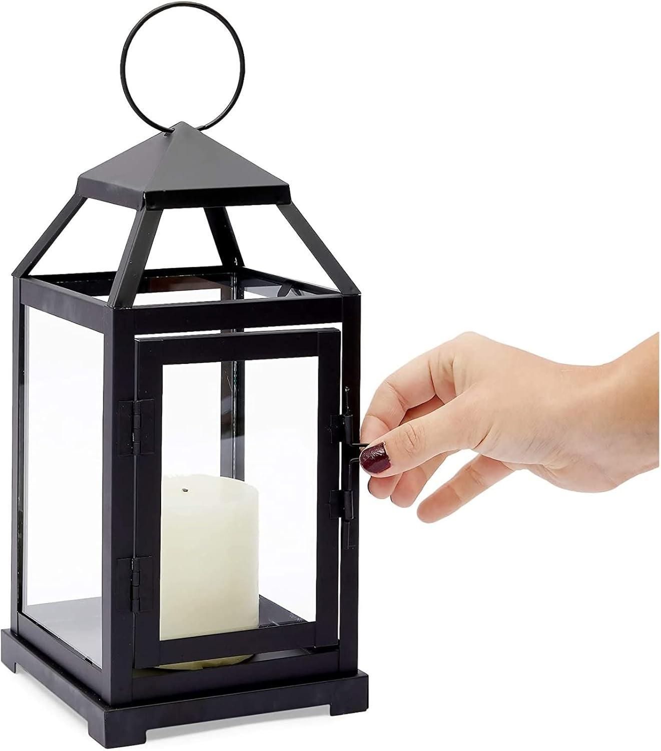 Juvale Black Decorative Candle Lantern, Decorative Metal Candle Holder with Tempered Glass, 5.3 x 11 in