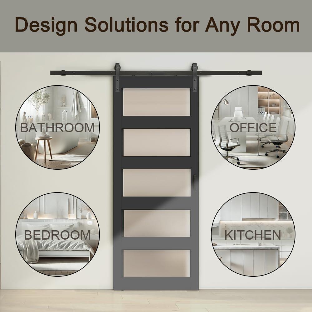 Calhome 5 Lite Tempered Frosted Glass Finished Composite Interior Sliding Barn Door with Hardware Kit