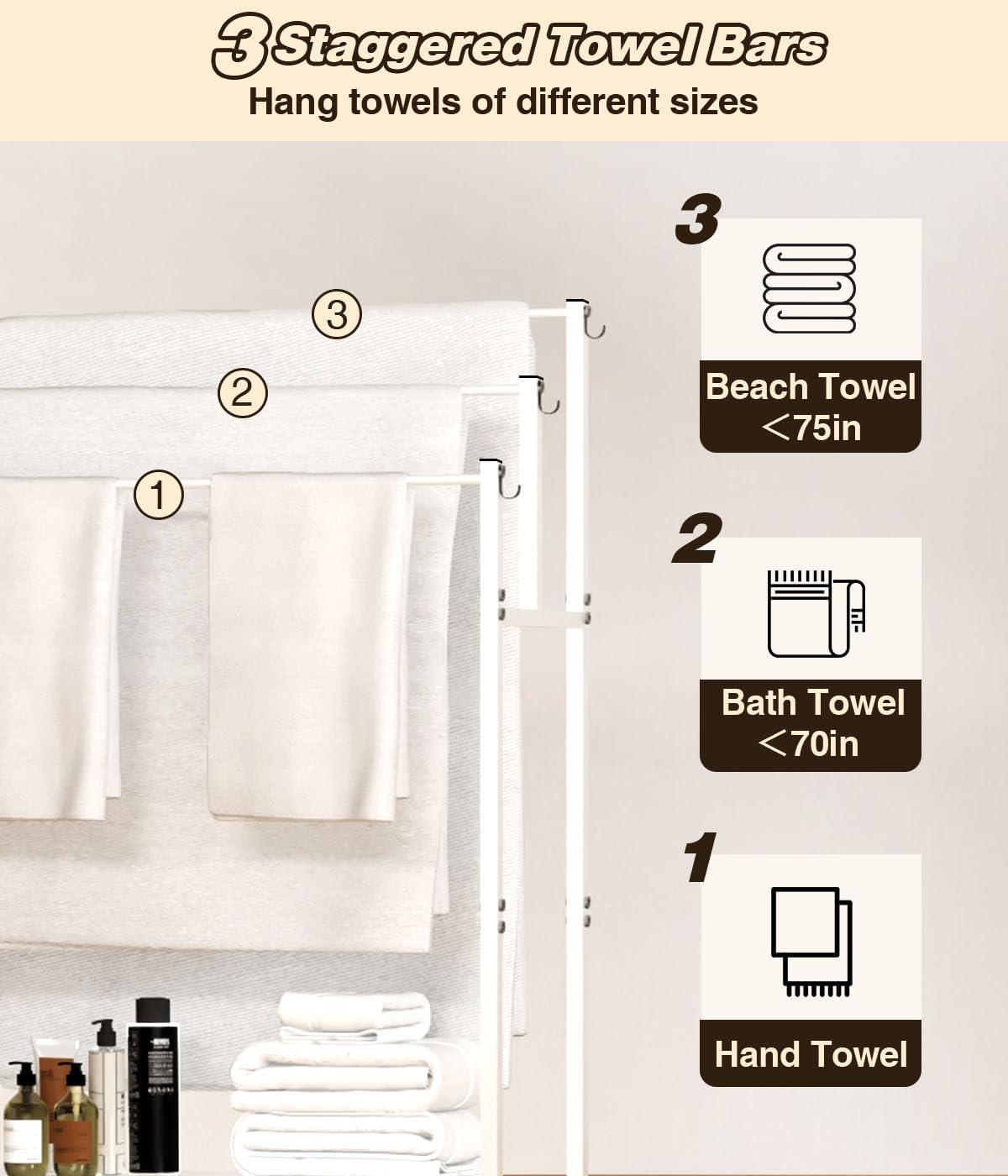 44" High Freestanding Towel Rack with 6 Bathroom Hooks
