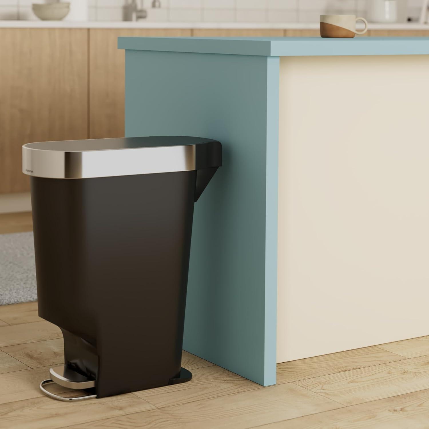 simplehuman 40L Slim Liner Rim Kitchen Step Trash Can Black Plastic: 10 Gallon Indoor Garbage Can, Spot Clean, 24.3" Height