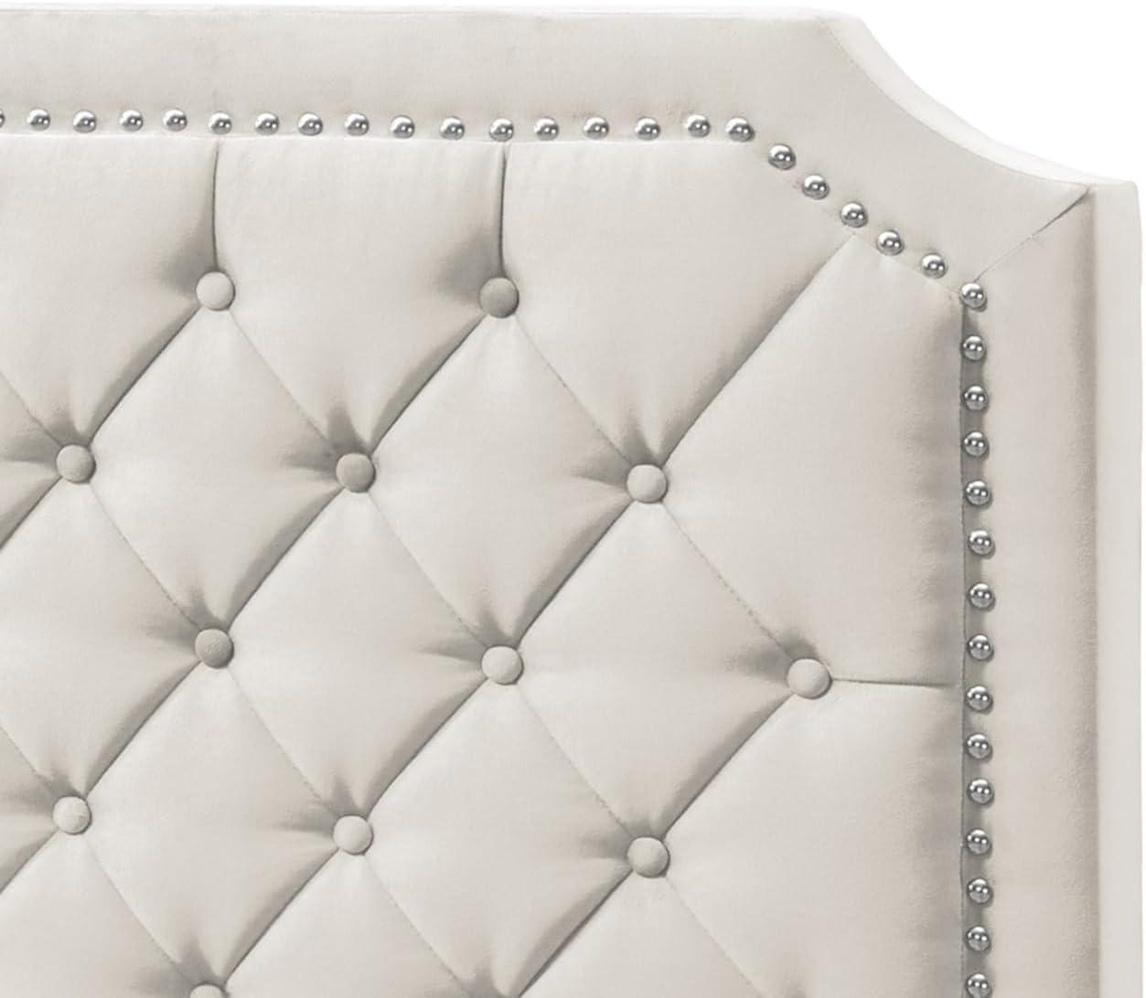 Urban Home Furniture Ava Plush Velvet Tufted Buttoned Upholstered Headboard Clipped Edge Nailhead Decorated Platform Bed Frame with Wood Slats Support Legs Full - Beige