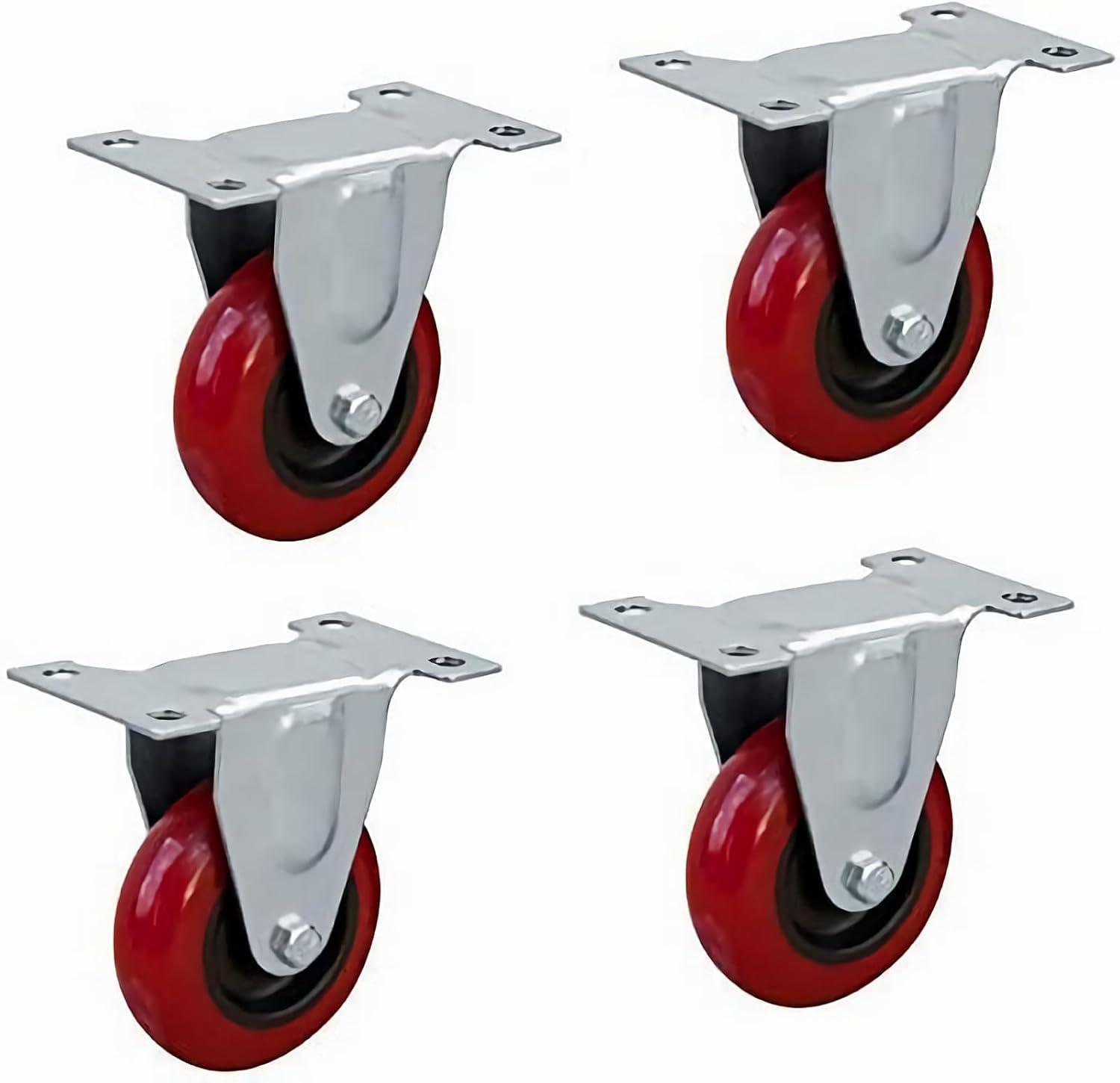 POWERTEC 3-Inch Red Polyurethane Rigid Plate Casters, Set of 4