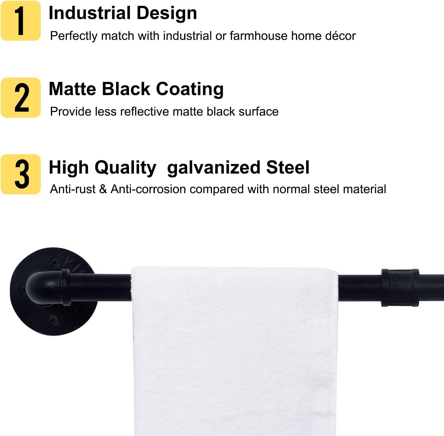 Industrial Matte Black Pipe Towel Bar, Wall-Mounted, Durable Galvanized Steel, Farmhouse Vintage Home Decor, Easy Installation