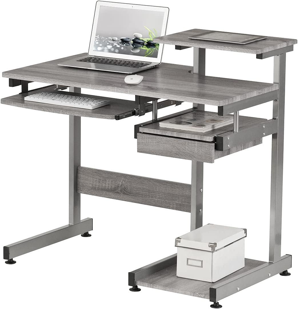 Complete Computer Workstation Desk Gray - Techni Mobili: With Drawer, Steel Frame, MDF Surface