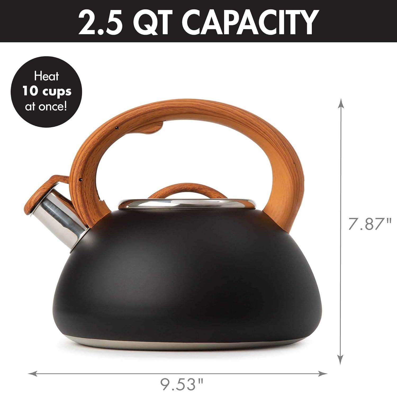 Matte Black and Wood Stainless Steel Whistling Tea Kettle