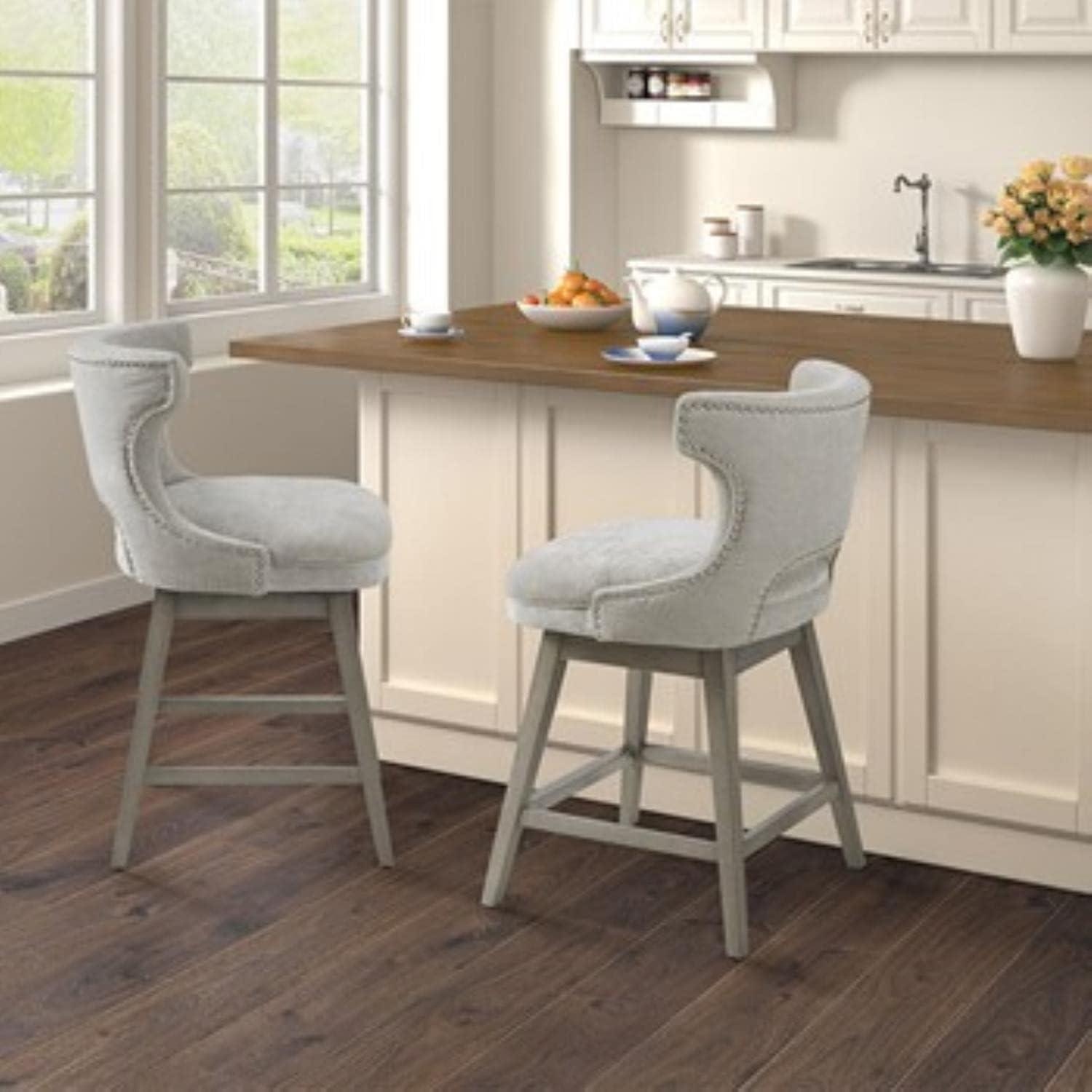 Light Grey Swivel Counter Stool with Wood Legs