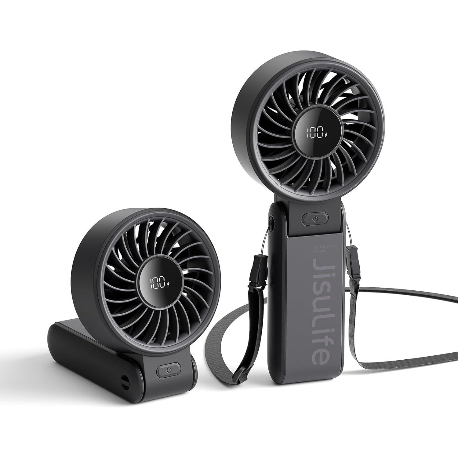 JISULIFE Handheld Fan Life7 – Ultimate Flexibility: High-Power Motor, LED Display, 19.5 Hrs Cooling, 5000mAh Rechargeable, 5-Speed, Foldable Design, 3-IN-1 Portable Fan for Travel Cruise Beach(Black)